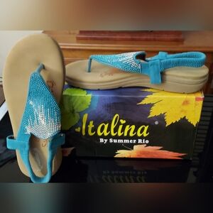 Italina Turquoise And Beige Rhinestone/Beading Thong Sandals Size 8